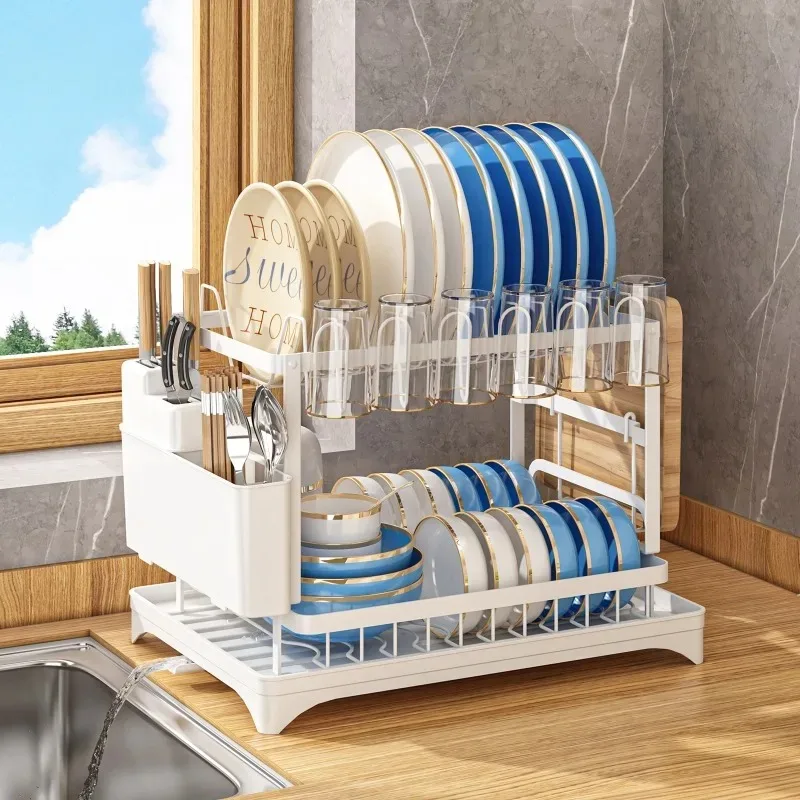 Double-layer large-capacity dish drain rack | With water guide tray, rust-resistant and durable, kitchen countertop storage rack view 6