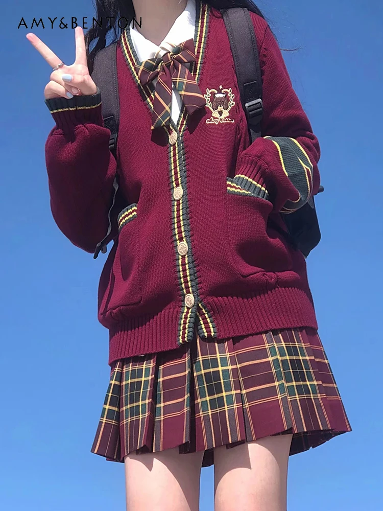 

2025 Autumn Winter Christmas New Year Full Set JK Uniform Knitted Cardigan Wine Red Sweater Japanese Style College Style Outfit