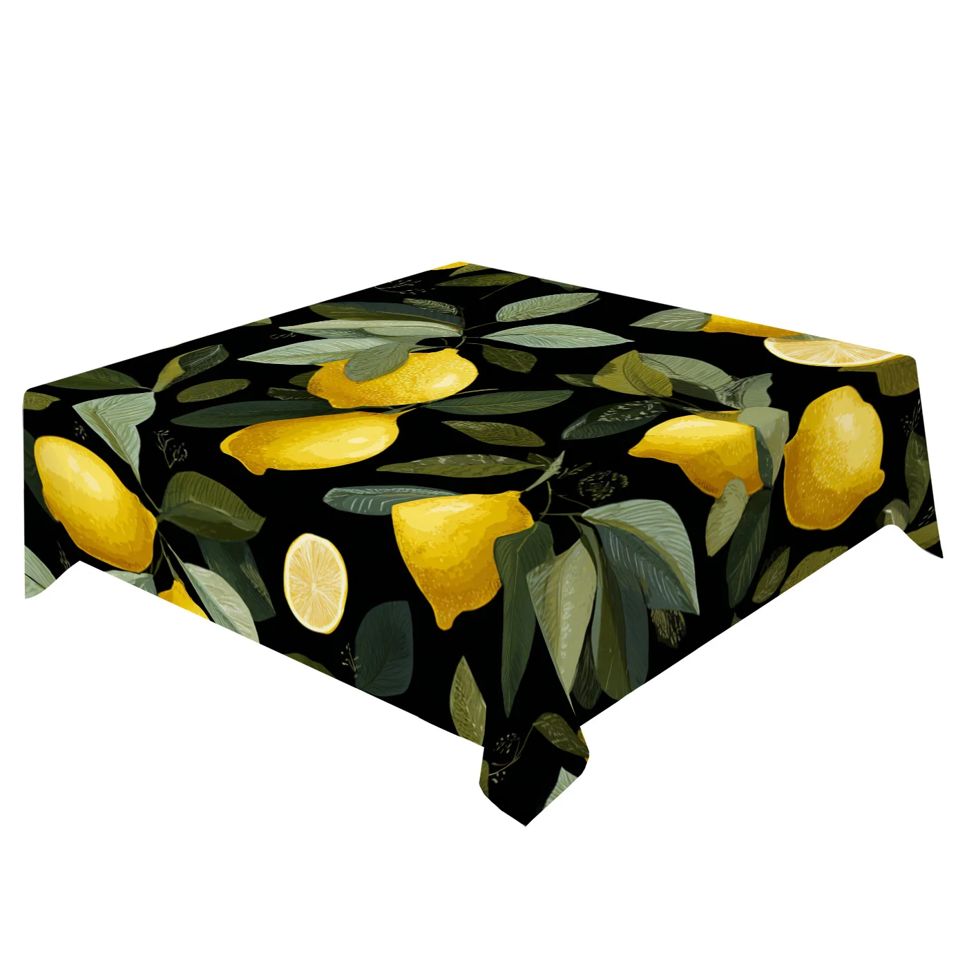 Black Lemon Tablecloth, Black Base With Bright Yellow Lemon And Green Leaf Print, Rectangular Table Cover for Dining Room Home