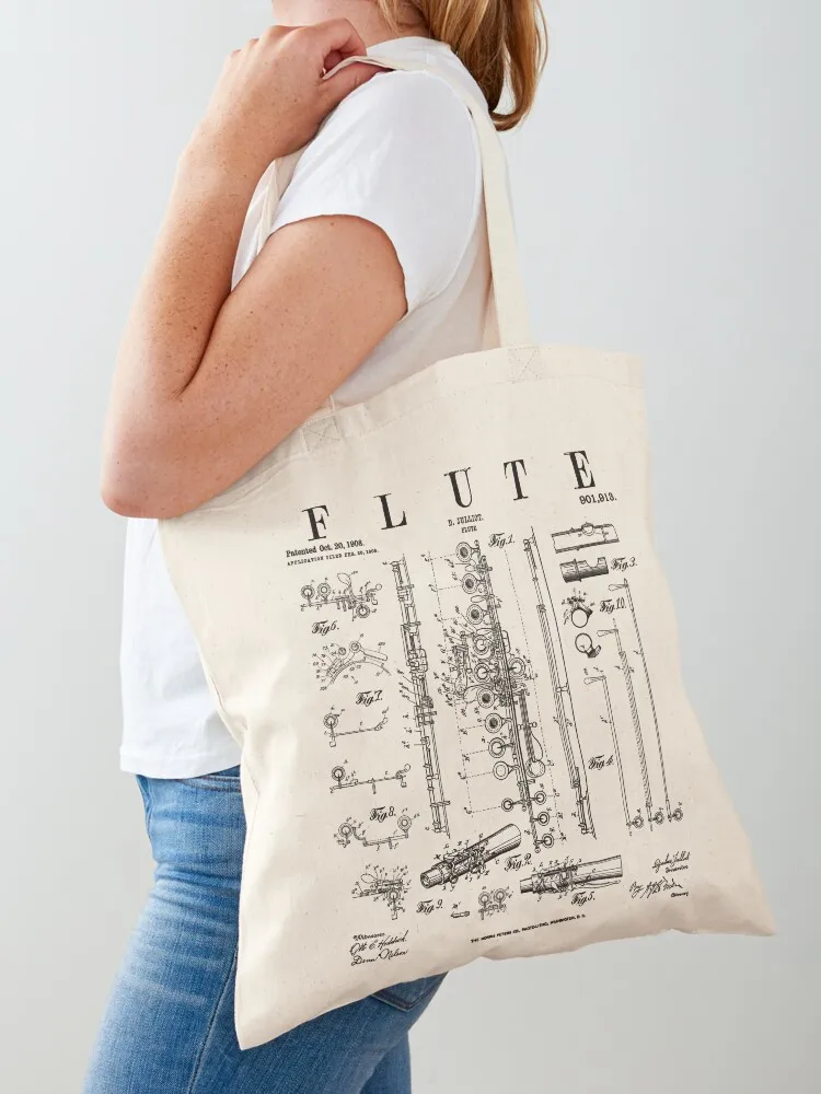 

Flute Vintage Patent Flutist Flautist Drawing Print Tote Bag shoping bag Canvas stote bag shopping bags foldable