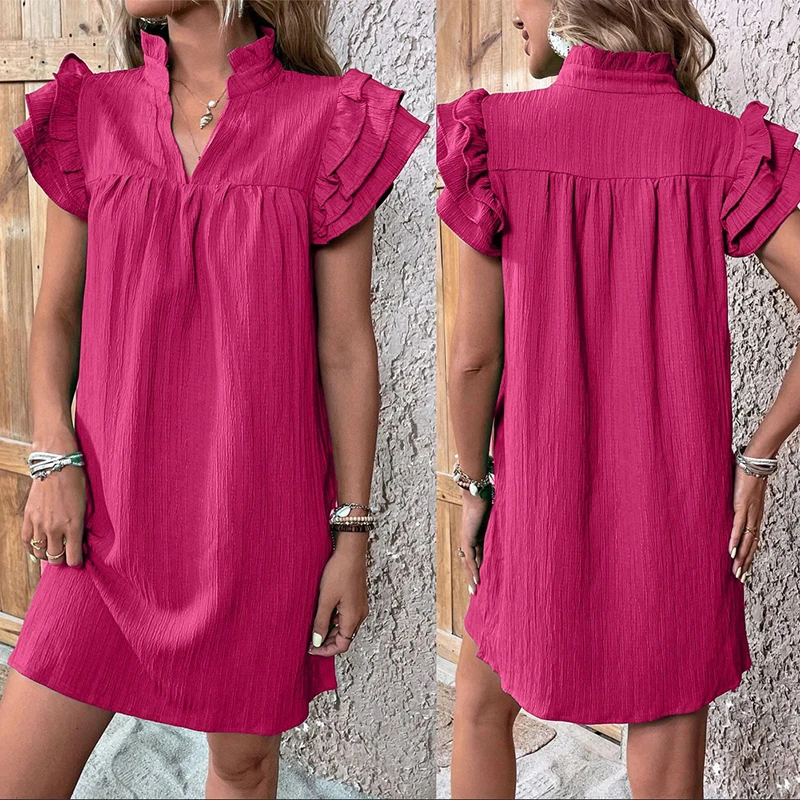 Sólido feminino verão mini vestido moda multi camadas plissado manga com decote em v vestido de verão pulôver verde sólido vestidos curtos