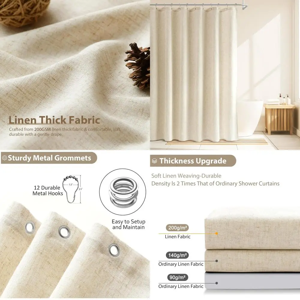 

Luxury Boho Farmhouse Shower Curtain, 200 GSM Weighted, Water-Resistant, Textured, 72x84 with 12 Hooks
