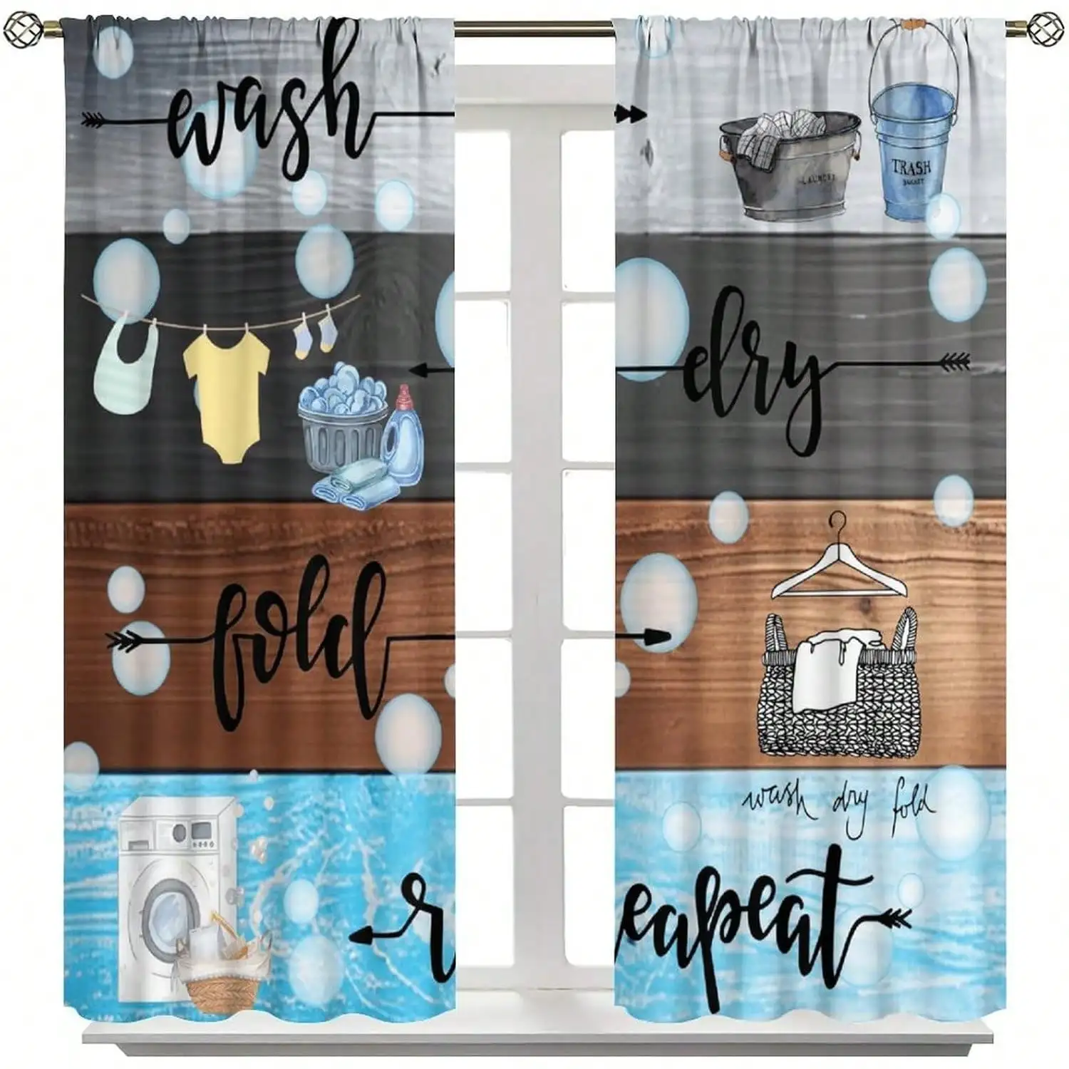 Laundry Room Curtain, Cartoon Clothesline Print Blackout Curtains, Washing Machine & Detergent Window Drapes for Utility Room