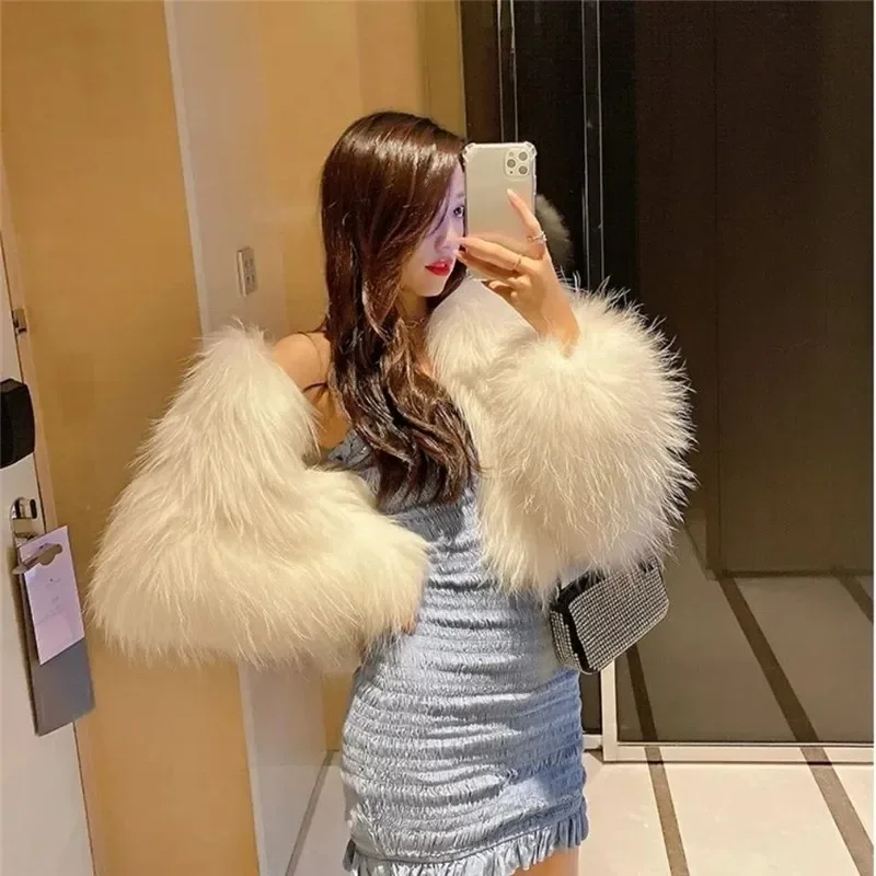 Casaco de pele sintética de manga comprida feminino, cardigã curto com gola V, cardigã monocromático, nova moda coreana, outono, inverno