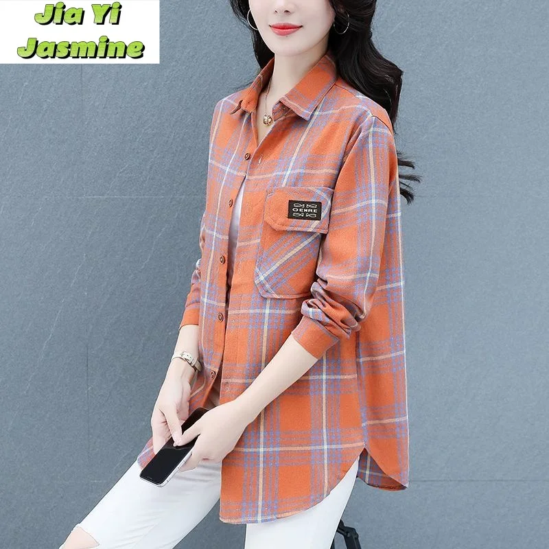 

2024 Spring and Autumn New Loose Checkered Cotton Shirt for Women Brushed Long Sleeve Belly Covering Shirt Large Size Top Coat