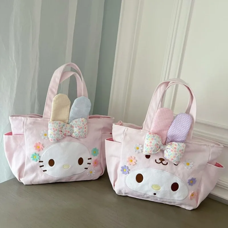 Miniso Sanrio Mymelody Cute Canvas Handbags Kawaii Printed Lunch Bags Students Rabbit Ears Y2k Bags Pink Casual Bags For Women