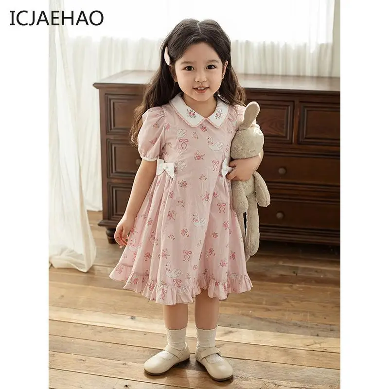 ICJAEHAO 2024 Baby Girls Dress Ruffled Pink Sweet Cute Flowers Animal Printing Holiday Newborn Kids Princess Bow Infant Clothing