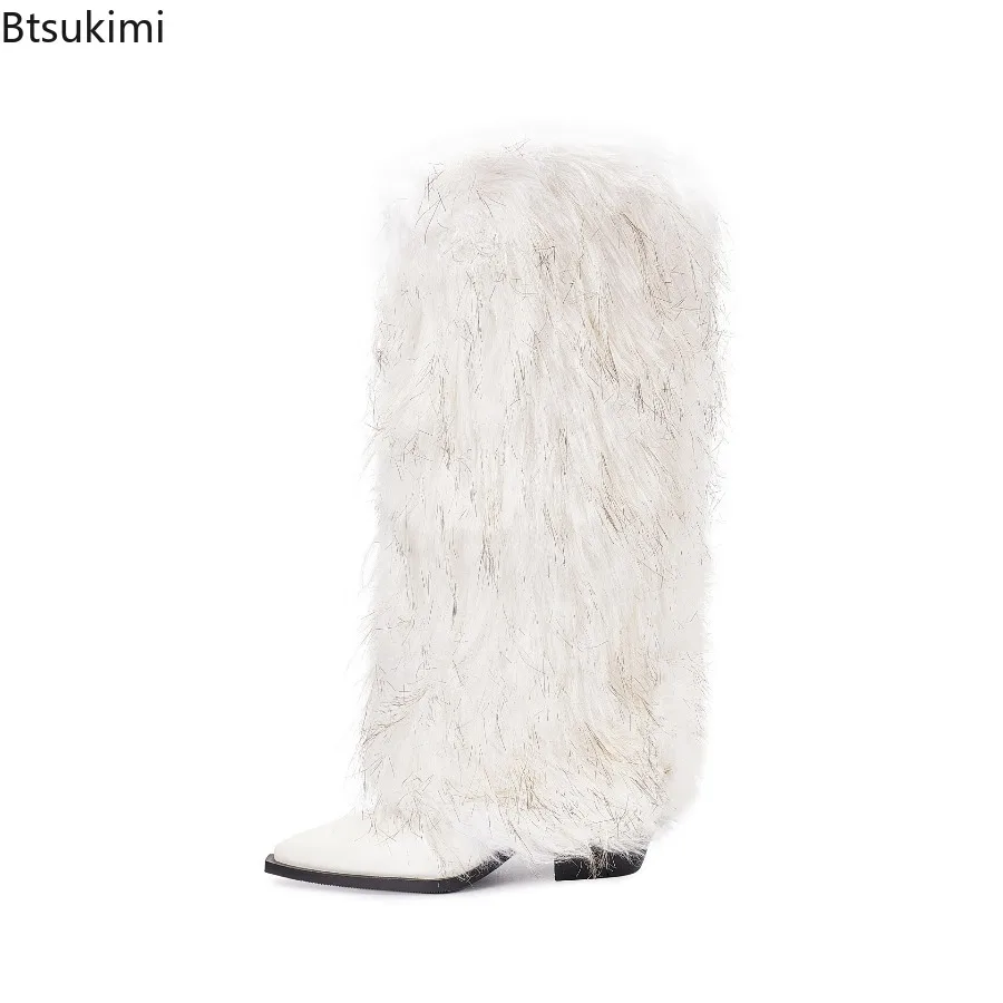 

Новинка 2025, женские белые сапоги до колена из искусственного меха, острый носок, средний каблук, длинные ботинки в стиле вестерн, теплые пушистые женские ботильоны на весну и осень