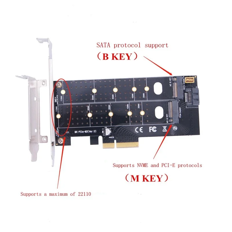 بطاقة محول M.2 NVMe SSD NGFF إلى PCIE X4 بطاقة واجهة مزدوجة بمفتاح M Key Plus B