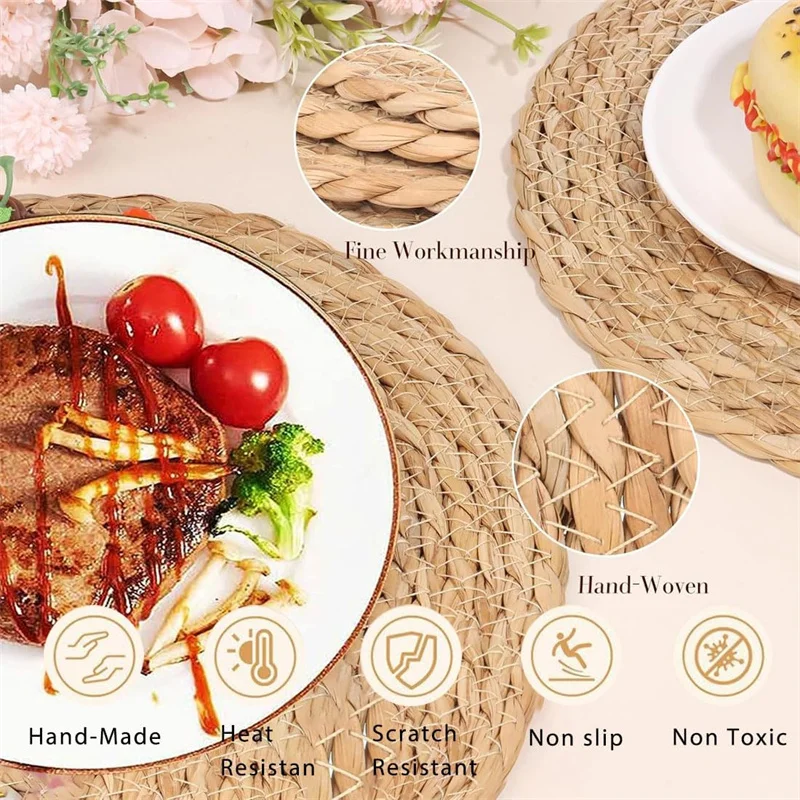 4 قطعة المفارش المستديرة المنسوجة الروطان اليدوية 30 سنتيمتر الخوص الطبيعي مضفر مكان الحصير زلة مقاومة للحرارة الجدول حصيرة لطاولة الطعام