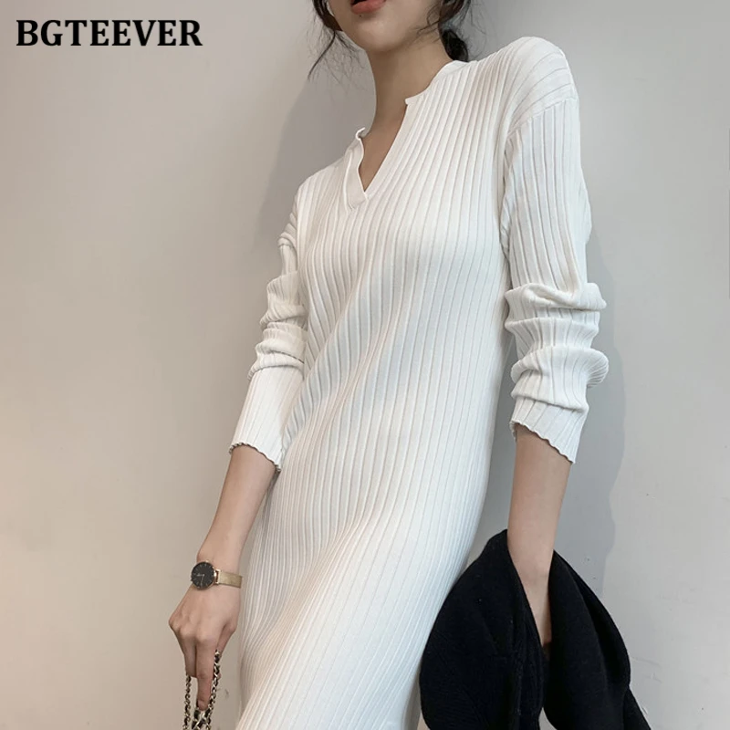 BGTEEVER Stylish V-neck Slim Knitted Package Hip Dress Women Long Sleeve Split Female Bodycon Sweater Dress Autumn Winter