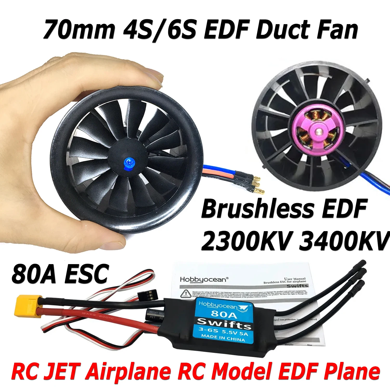 Hobbyocean 70mm 4S 3400KV 6S 2300KV BRUSHLESS EDF Duct Fan 12-Blades About 2200G Thrust for  RC JET Airplane RC Model EDF Plane
