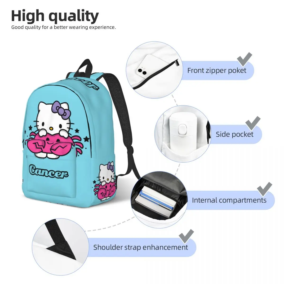 Mochila para el cáncer del zodiaco de Hello Kitty, mochila para preescolar, guardería, estudiante, Grecia, bolsas para libros de astronomía, mochila de viaje para niños y niñas