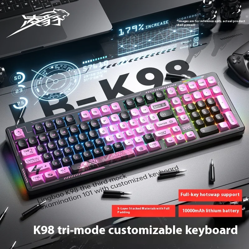 

Lingpao K98 Механическая клавиатура с боковой гравировкой Беспроводная Bluetooth Трехрежимная киберспортивная компьютерная офисная профессиональная по индивидуальному заказу