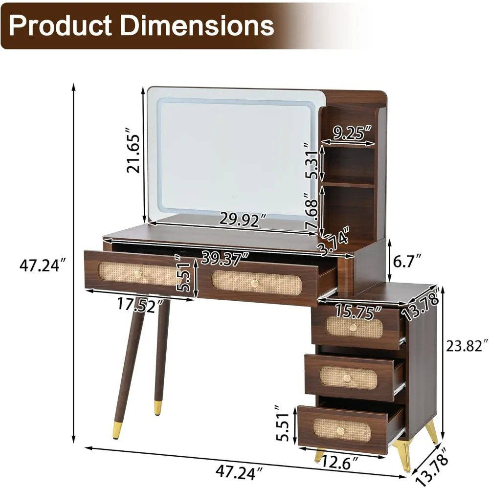 Туалетный столик для макияжа Vintage 47, зеркалом, подсветкой, 5 ящиков, полкой для хранения, стиль ротанга