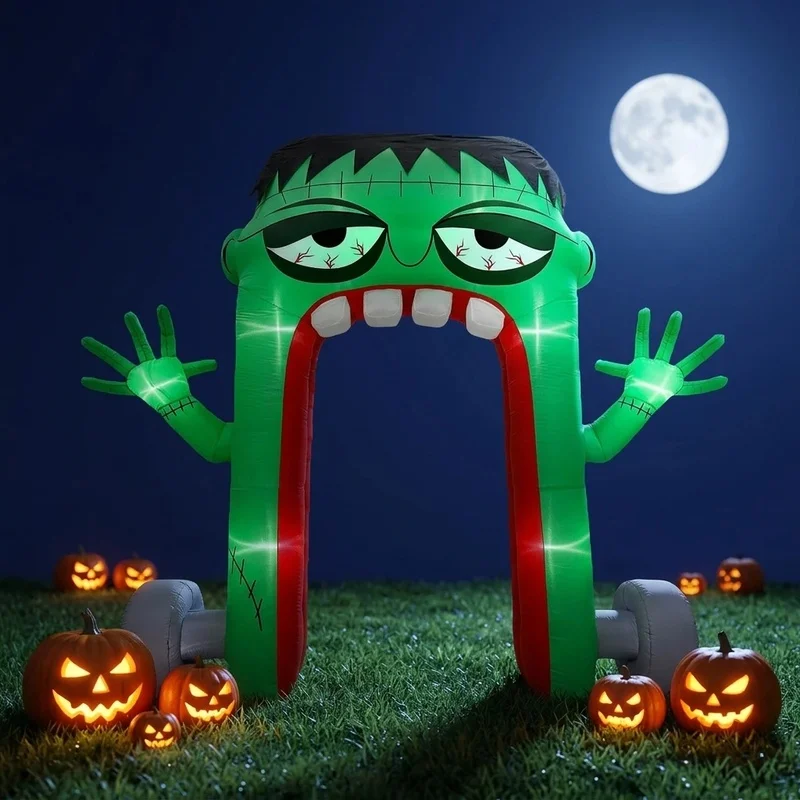 Inflatable Frankenstein Arch Green Face Stitched Design with LED Light for Halloween Entrance Atmosphere Decoration Prop Display