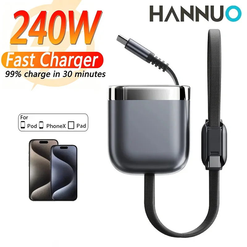 HANNUO PD240W USB C to Type C Fast Charging Cable Retractable USB C For iPhone 16 17 Xiaomi Samsung USB C MacBook IPad USB Cable