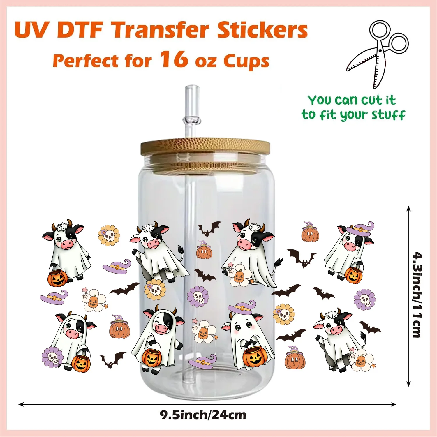 Cute Spooky Ghost Designs Collection UV DTF 3D Sticker for 16oz Libbey Cup Flying Ghost Decal DIY Transfer Sticker Cup Wraps