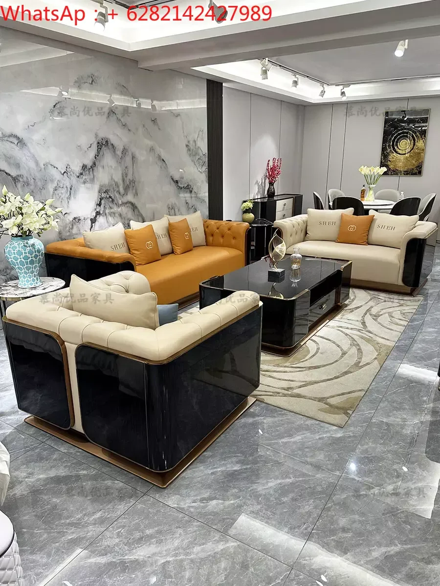 

Custom Italian light luxury leather sofa combination living room high-end luxury villa large family custom sofa