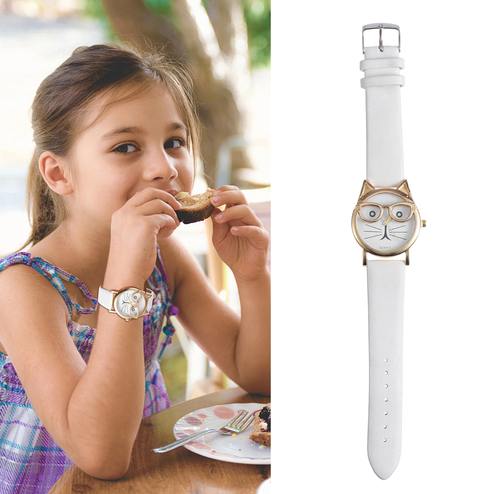 

Glasses Cat Watch Kids Watches Cute Cartoon Analog Quartz PU Strap Stainless Steel Waterproof Children Wristwatch Fashion Gift