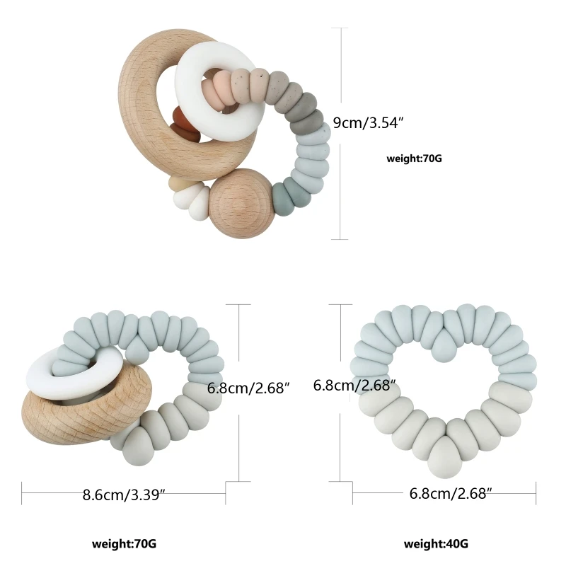 1pc BPA Free Silicone Baby Teether Heart Shape Baby Wooden Ring Bracelets Silicone Beads Newborn Rodent Molar Teething Rattle