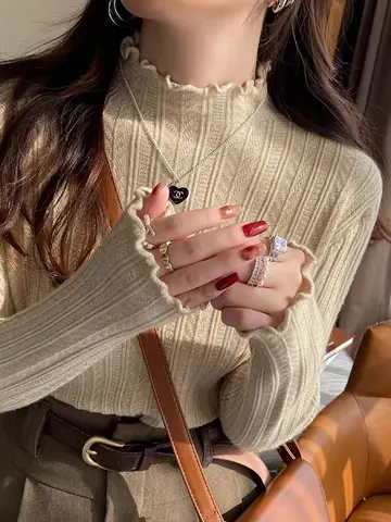새로운 여성의 가을, 겨울 솔리드 컬러 프릴 세미 터틀넥 긴팔 니트 스웨터 캐주얼 여성 니트 풀오버