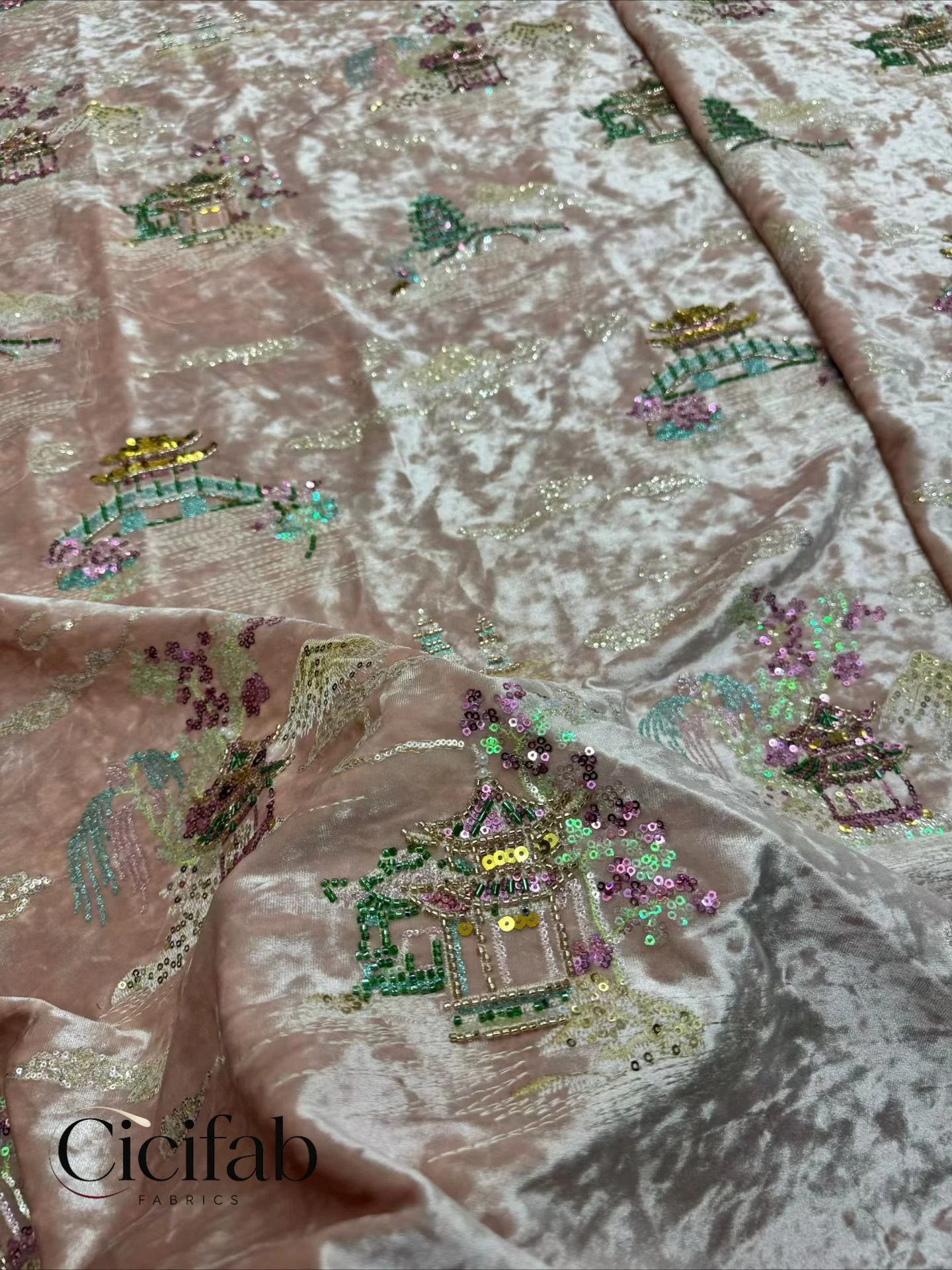 Pink Velvet Sequin Embroidered Fabric Landscape Pavilion Pattern DIY Sewing Material for Evening Gowns Cheongsam Vest Fabric