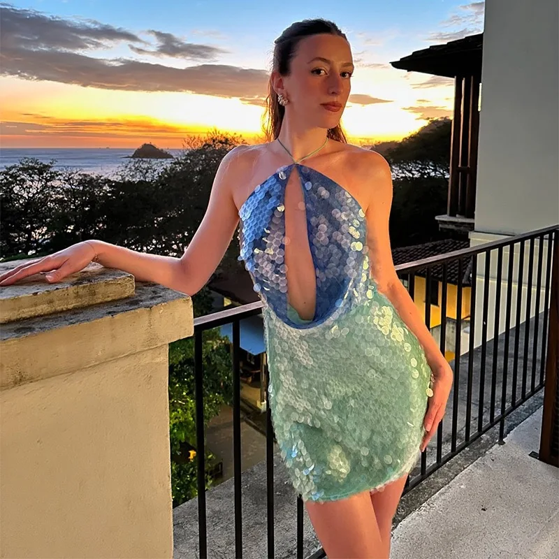 

Color Matching Halter Neck Sequin Dresses Women Sexy Deep V-neck Backless Package Hip Slim Mini Dress Streetwear Party Vestidos
