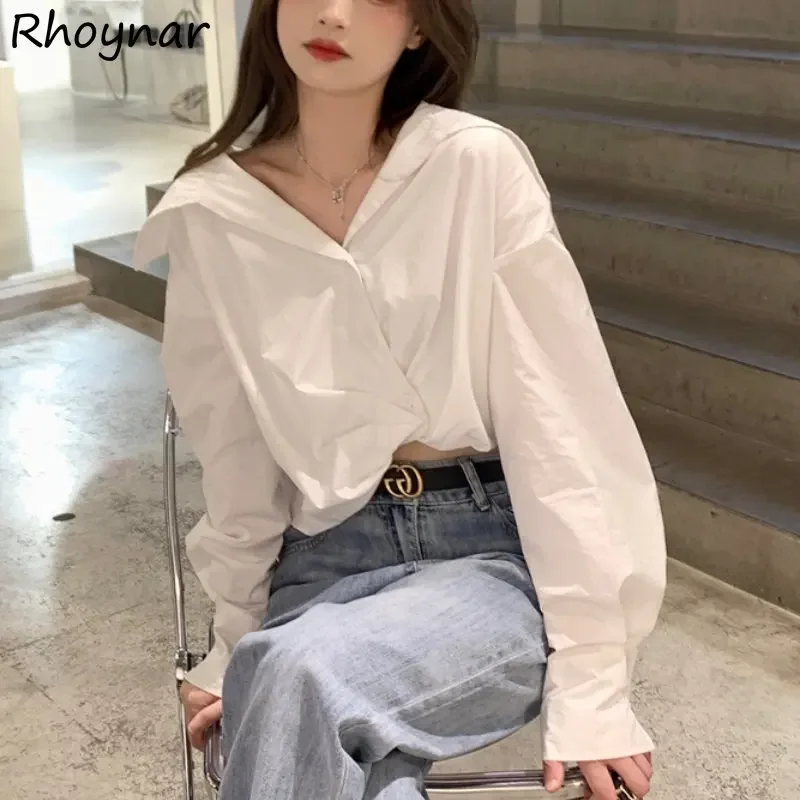 

Retro Asymmetric Shirts Women New Design Fashion Cropped French Style Elegant Camisas Mujer Hipster Ulzzang Temper Young Stylish