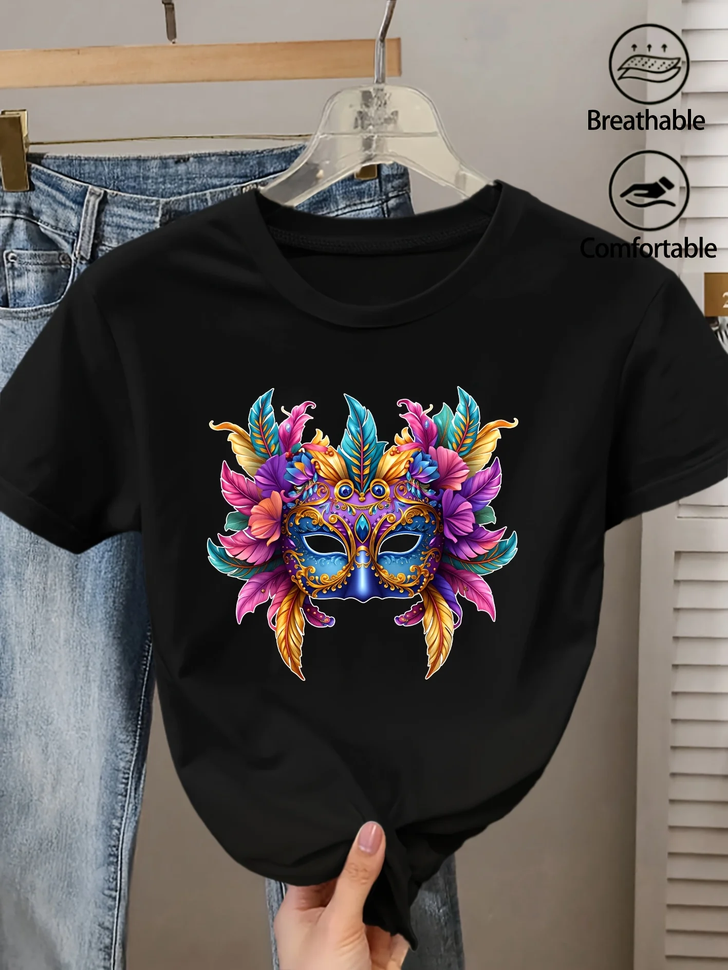Carnival Women's Elegant Style Short Sleeve Colorful Feather Carnival Mask Printed Round Neck Elegant Women's Printed Fashion