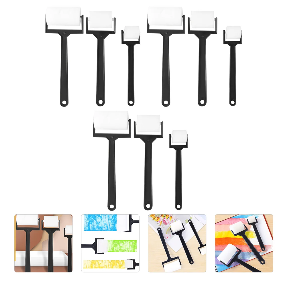 

3 Sets 9 Pcs Black Long Handle Sponge Brushes for Kids Crafts Watercolor Oil Acrylic Foam Roller Painting Tools