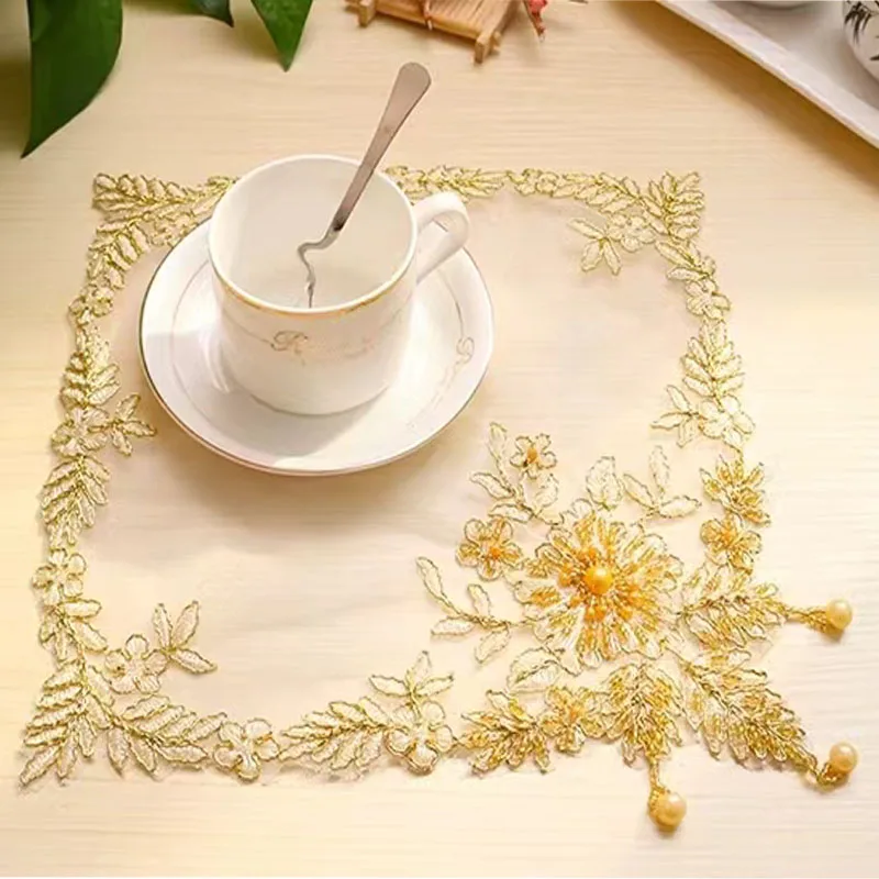 Table decoration and accessories gold beads embroidery placemat kitchen Christmas flower table place mat cloth wedding coaster