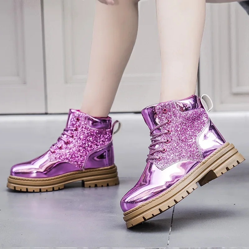 Fashion Women Casual Boots Gold Outdoor Purple Luxury Brand Motorcycle Boot High Top Autumn Female Popular Leisure Walking Boots