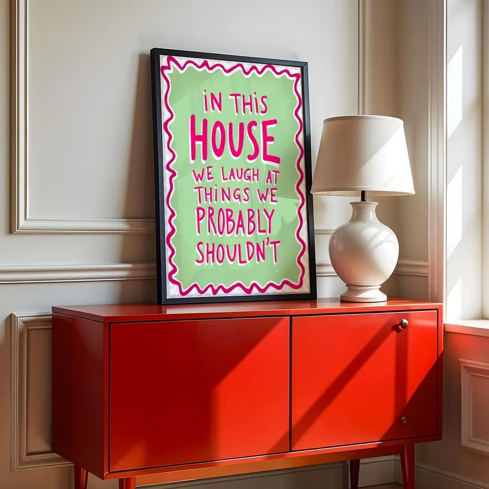 Modern In This House We Laugh Quote Wall Art Canvas Print pink Green Wavy Poster For Living Room Bedroom Home Decor