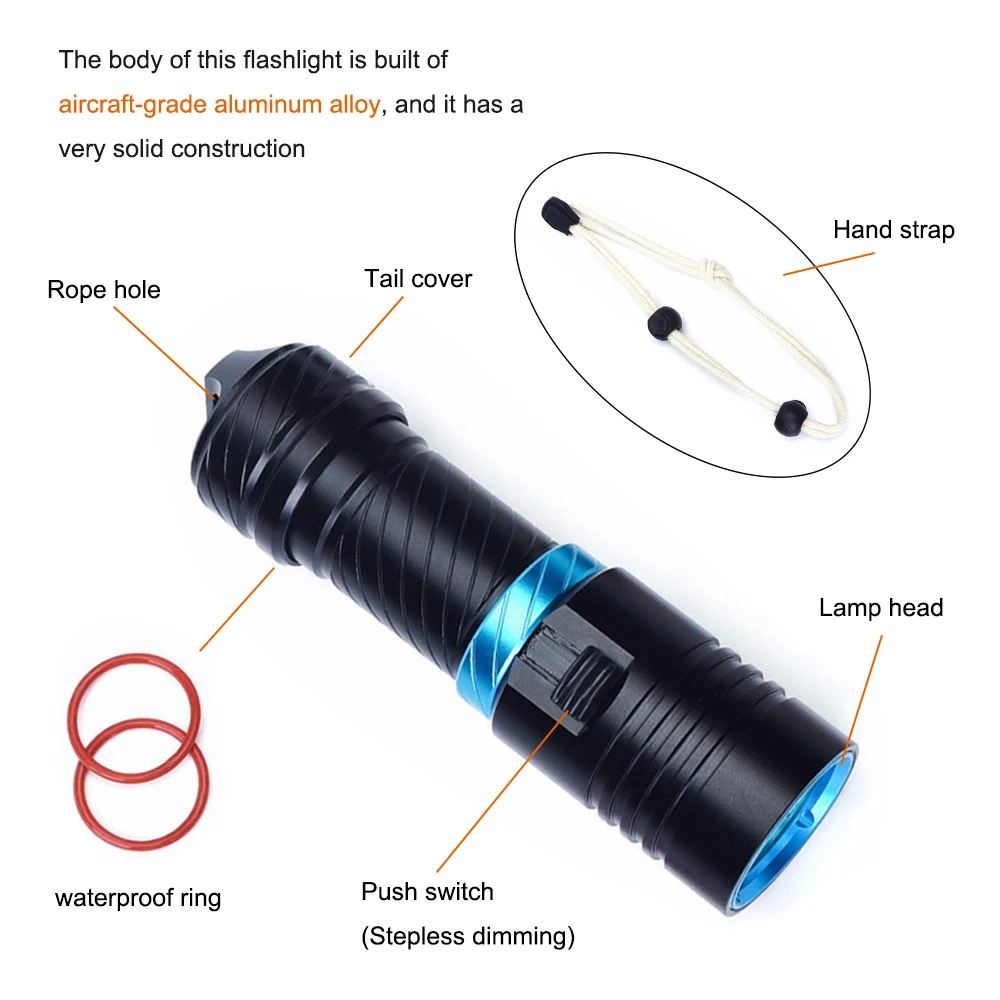 Asafee FL078D Diving Flashlight XM-L2 Waterproof Dive Underwater 80 Meter LED Torch Lamp Dimming diving flashlight Scuba Dive