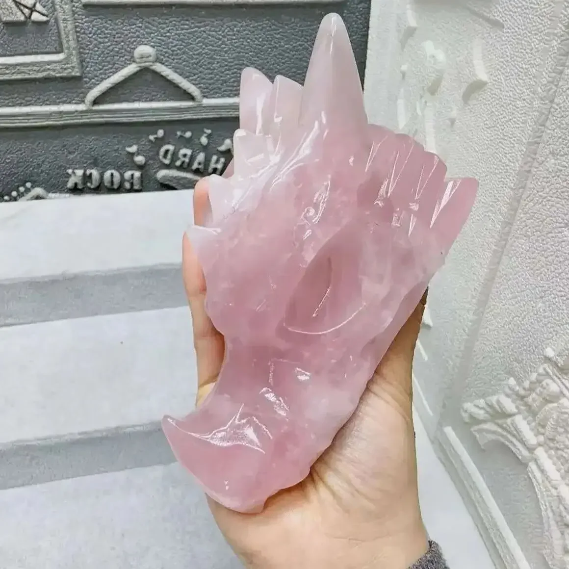 Magical Natural Rose Quartz Carved Dragon Head Pink Crystal Dragon Head Reiki Restoration Stone Home Office Degaussing Decoratio