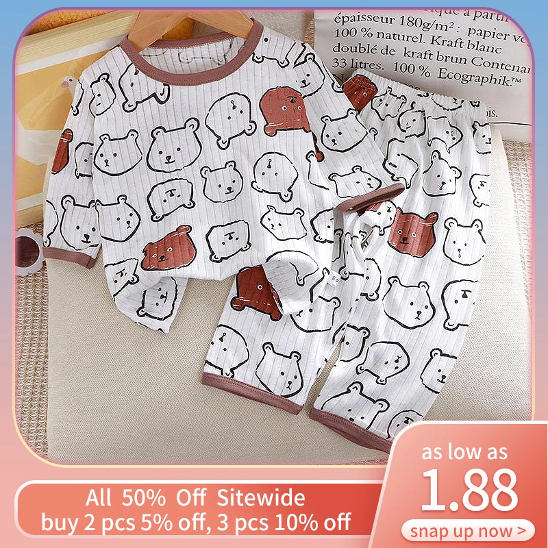 Bear Print Baby Pajamas Kids Three Quarter Sleeve Tee+Pants Children Pullover Top Clothing Set Girl Boy Casual Two Pieces Outfit