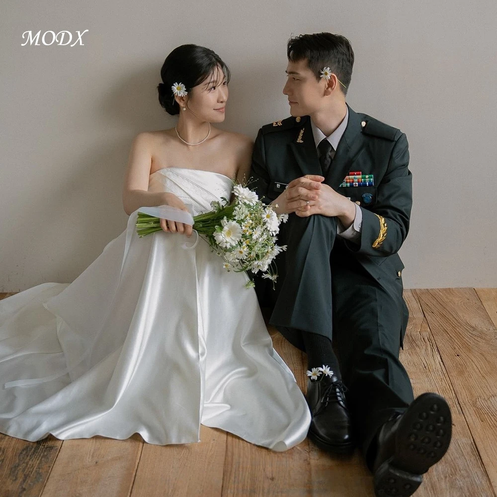 MODX Elegant Korean Ivory Strapless A Line Wedding Dress Women Satin Long Bridal Gown  Simple Beach Marriage Dress