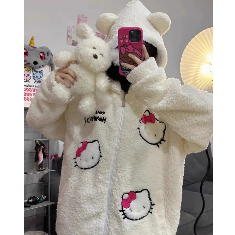 Sanrio Hello Kitty ricamato simpatico cartone animato cappotto con cappuccio giacca di velluto di agnello da donna cappotto di cotone sciolto