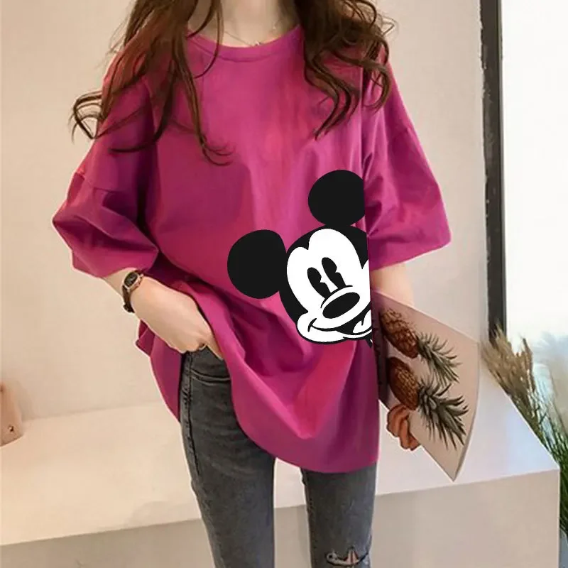 Disney Mickey T-shirt Women Summer Oversized Short-sleeved Top Anime Girls Loose Mid-length Half-sleeve T Shirt Print Clothing