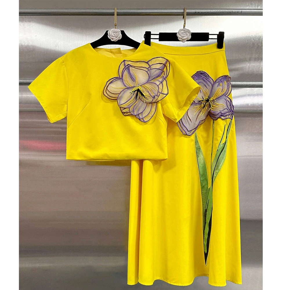 

High Street Two Piece Set Women's Three Dimensional Embroidered Yellow Two-piece Backless Top+A-line Skirt 2pc Set