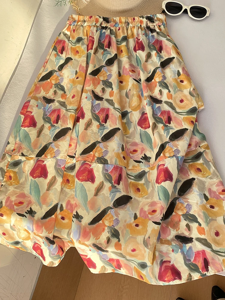 

Summer Orange Floral Oil Painting Half Skirt High Waist A-Line Bloom Umbrella Skirt Commute Loose Fit Printed Mid-Length
