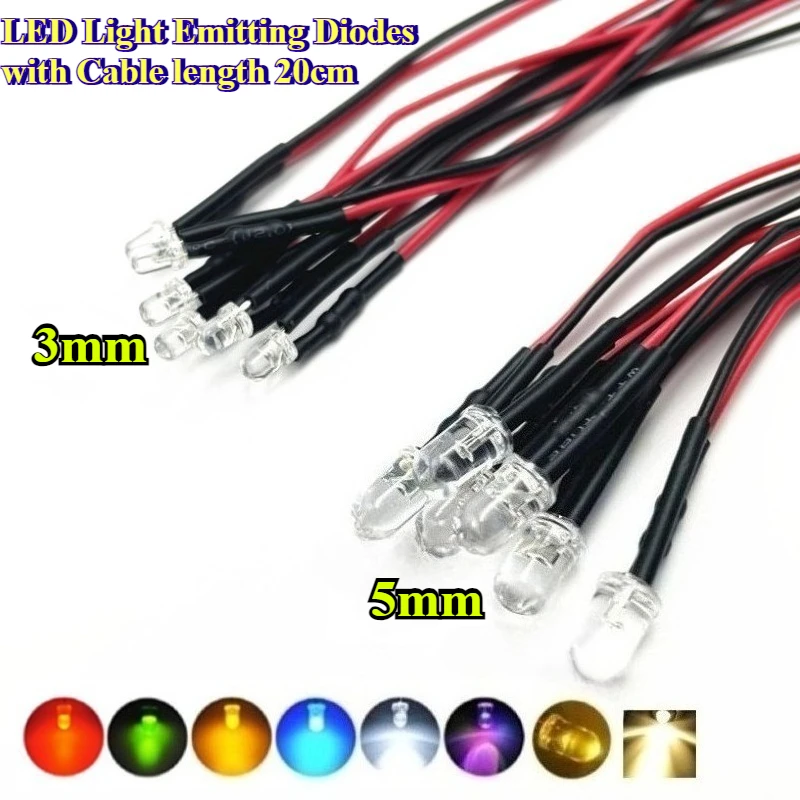 3MM/5MM LED 20cm Diode Red Green Yellow Blue White Warm White Orange Purple RGB Slow Falsh Fast Light Emitting Diodes with Cable