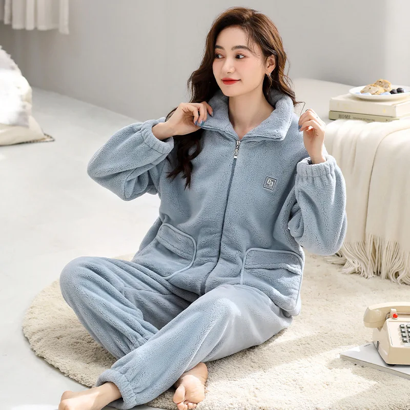 

Winter coral fleece pajamas women's zipper stand-up collar long-sleeved warm can be worn outside full extinction flannel women's