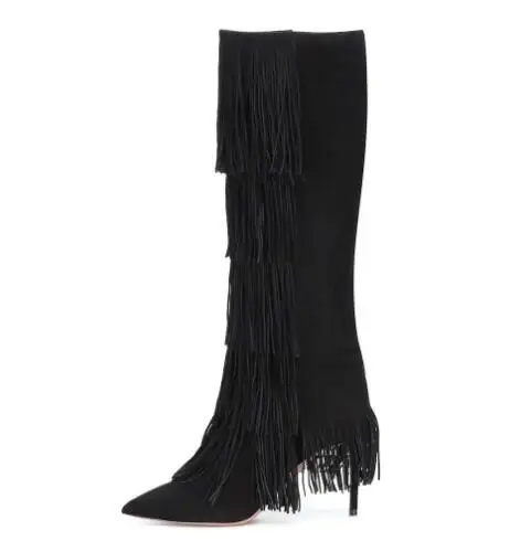 Spring Black Suede Pointed Toe Knee High Tassel Boots Woman Fashion Slip On Five Layers Fringed Stiletto Heels Shoes Lady