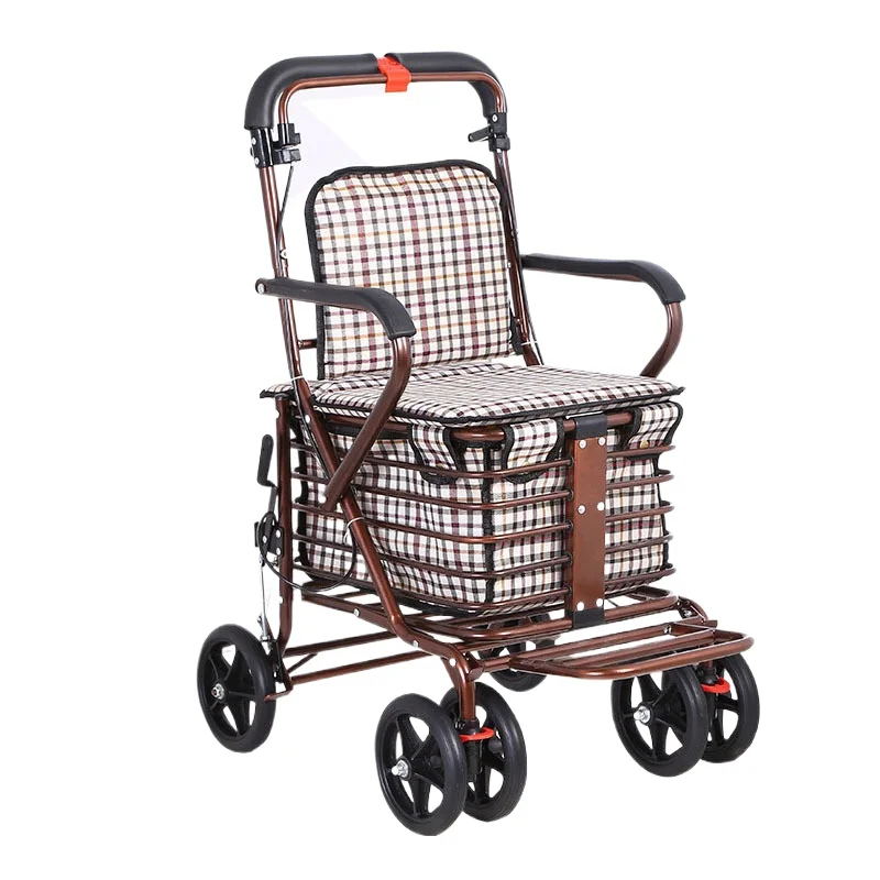 Foldable 4-Wheel Elderly Walking Aid Stroller for Seniors with Seat for Sitting or Pushing Grocery Shopping Cart for for