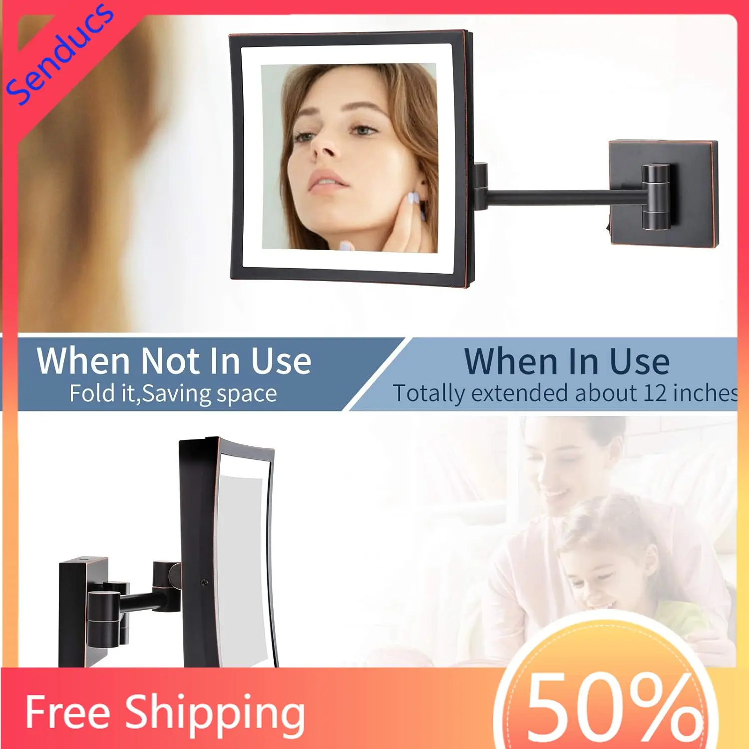 Brass LED Folding Bathroom Mirror 3X Magnifying Square Wall Mounted Black Frame Mirror LED Lighted Bathroom Makeup Vanity Mirror