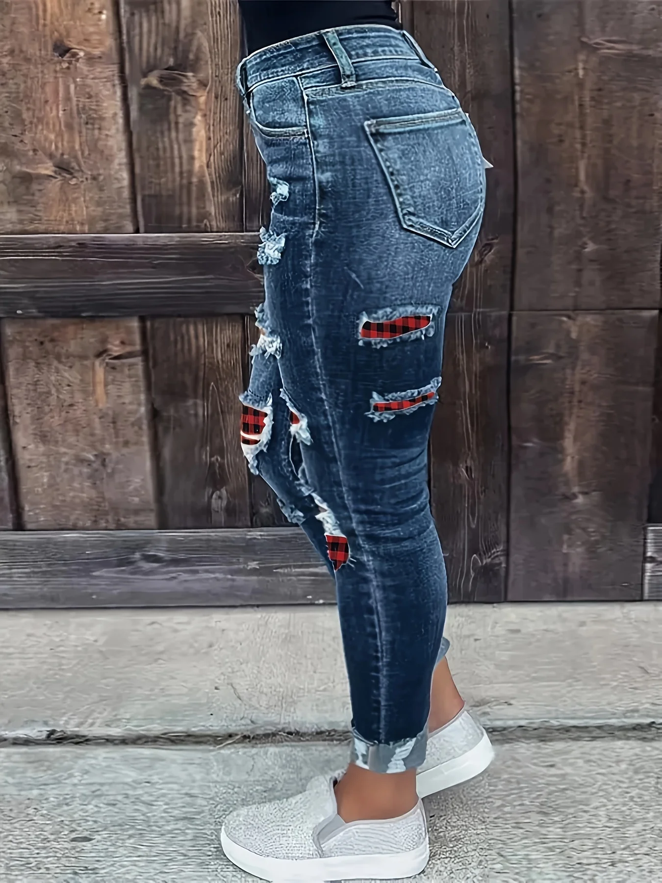 Women\'s Plus Size Jeans, Christmas Style Red Plaid Ripped Patchwork Rolled Frayed High Stretch Skinny Whiskering Denim Pants