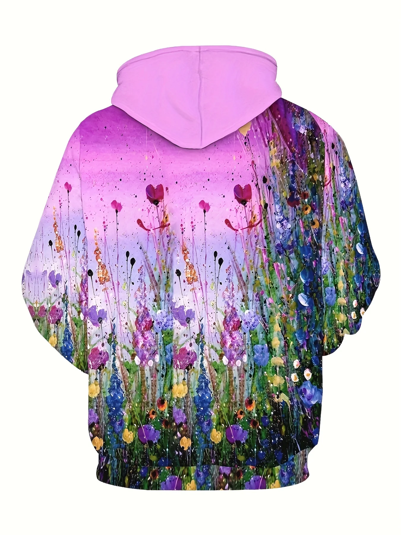 Men Pink Gradient Background Watercolor Wildflower Splash Print Drawstring Hoodie With Pocket