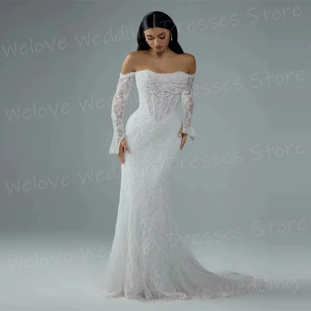 Vestidos De Novia De sirena De lujo para mujer, bata De encaje con hombros descubiertos, vestidos De Novia De manga larga personalizados, Vestido De Novia